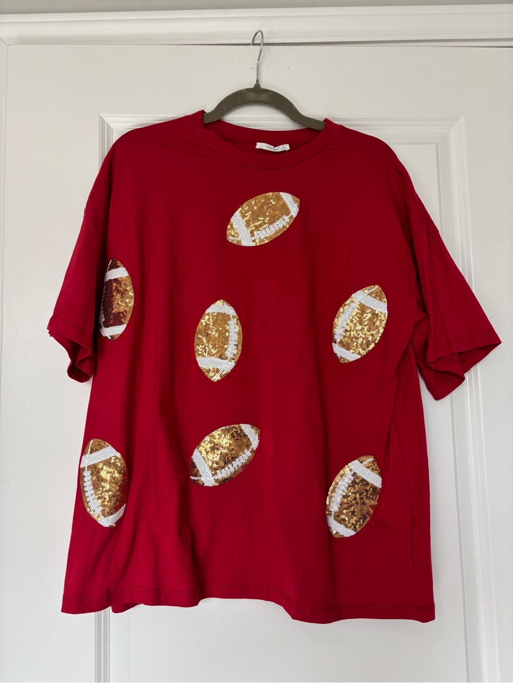 Timing Red Football Sequin T-Shirt Size Small